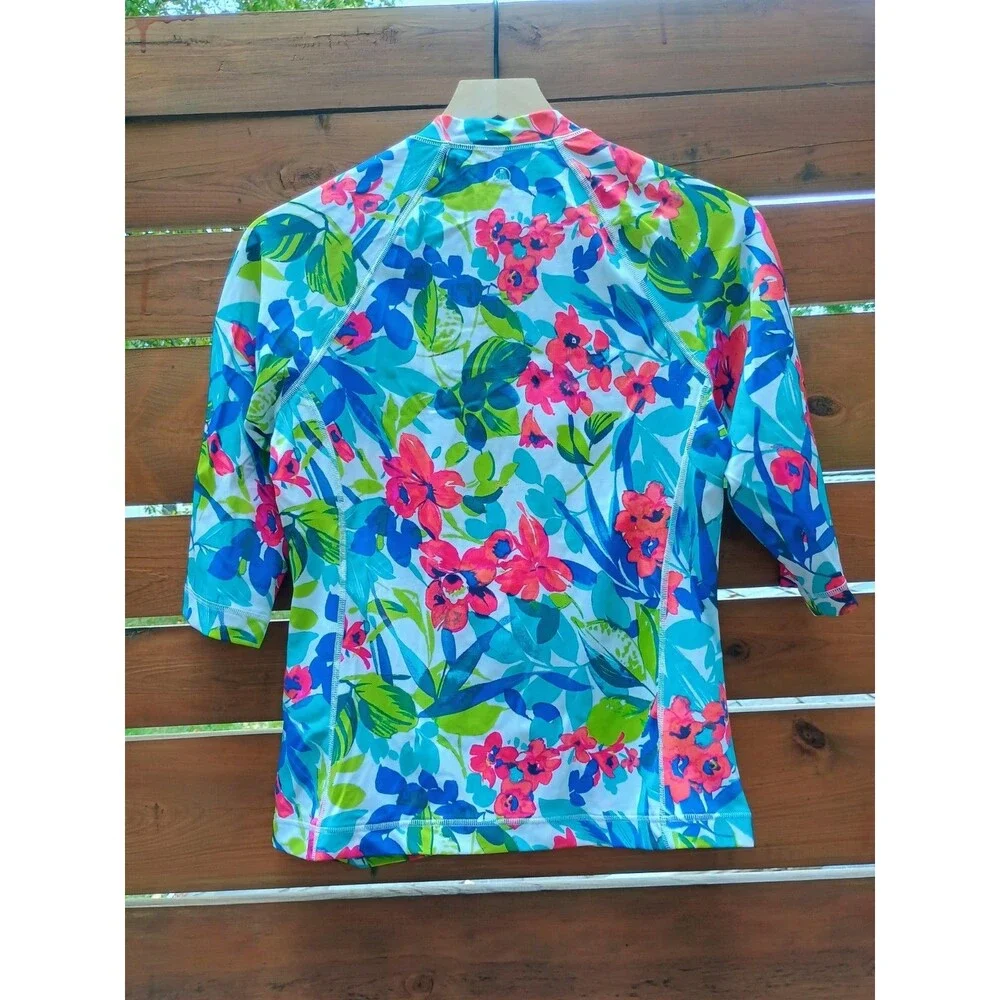 Lands' End Medium Multi Color Floral Rash gaurd Full Zip short sleeve Excellent